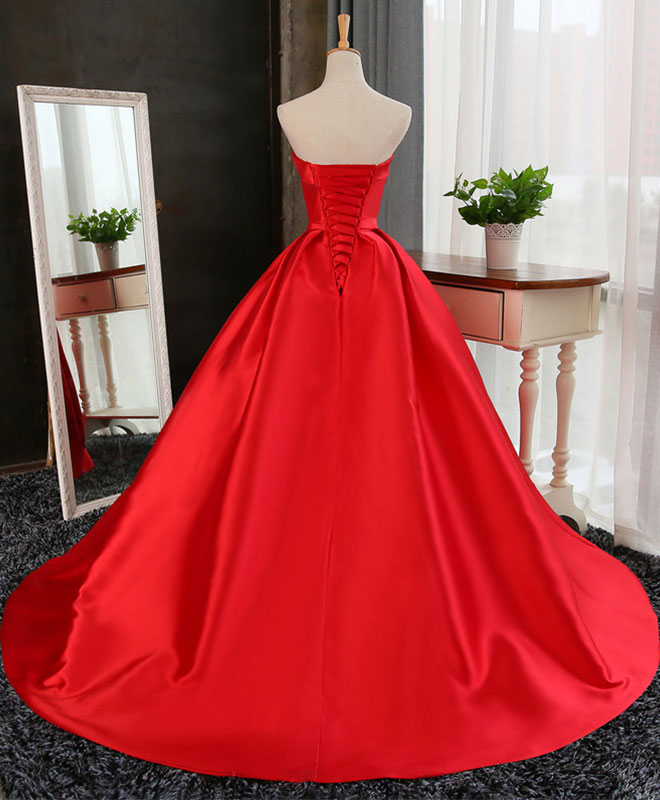 Strapless Ball Gown Satin Floor-Length Prom Dress with Bow & Lace Up Back