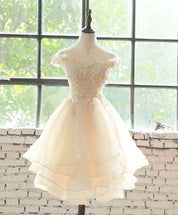 A-Line Off-the-Shoulder Knee-Length Champagne Tulle Homecoming Dress with Floral Lace Appliqué