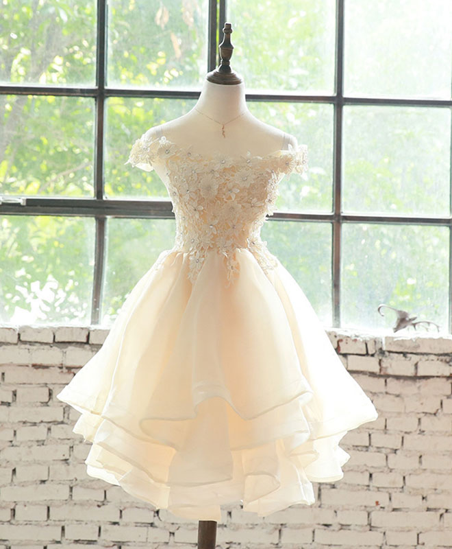 A-Line Off-the-Shoulder Knee-Length Champagne Tulle Homecoming Dress with Floral Lace Appliqué
