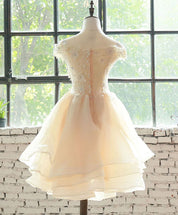A-Line Off-the-Shoulder Knee-Length Champagne Tulle Homecoming Dress with Floral Lace Appliqué