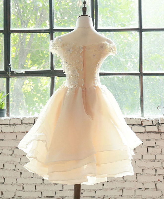 A-Line Off-the-Shoulder Knee-Length Champagne Tulle Homecoming Dress with Floral Lace Appliqué