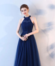 A-Line Halter Neck Floor-Length Tulle Prom Dress with Beaded Waist Detail