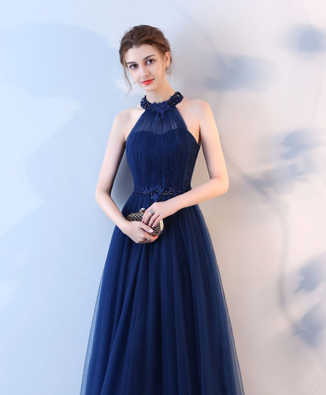 A-Line Halter Neck Floor-Length Tulle Prom Dress with Beaded Waist Detail