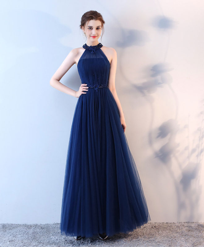 A-Line Halter Neck Floor-Length Tulle Prom Dress with Beaded Waist Detail
